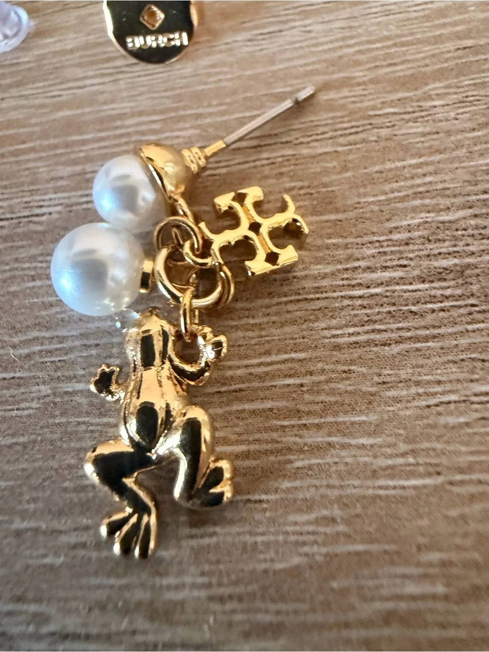 New Tory Burch Gold Frog Charm Pearl Drop Earrings